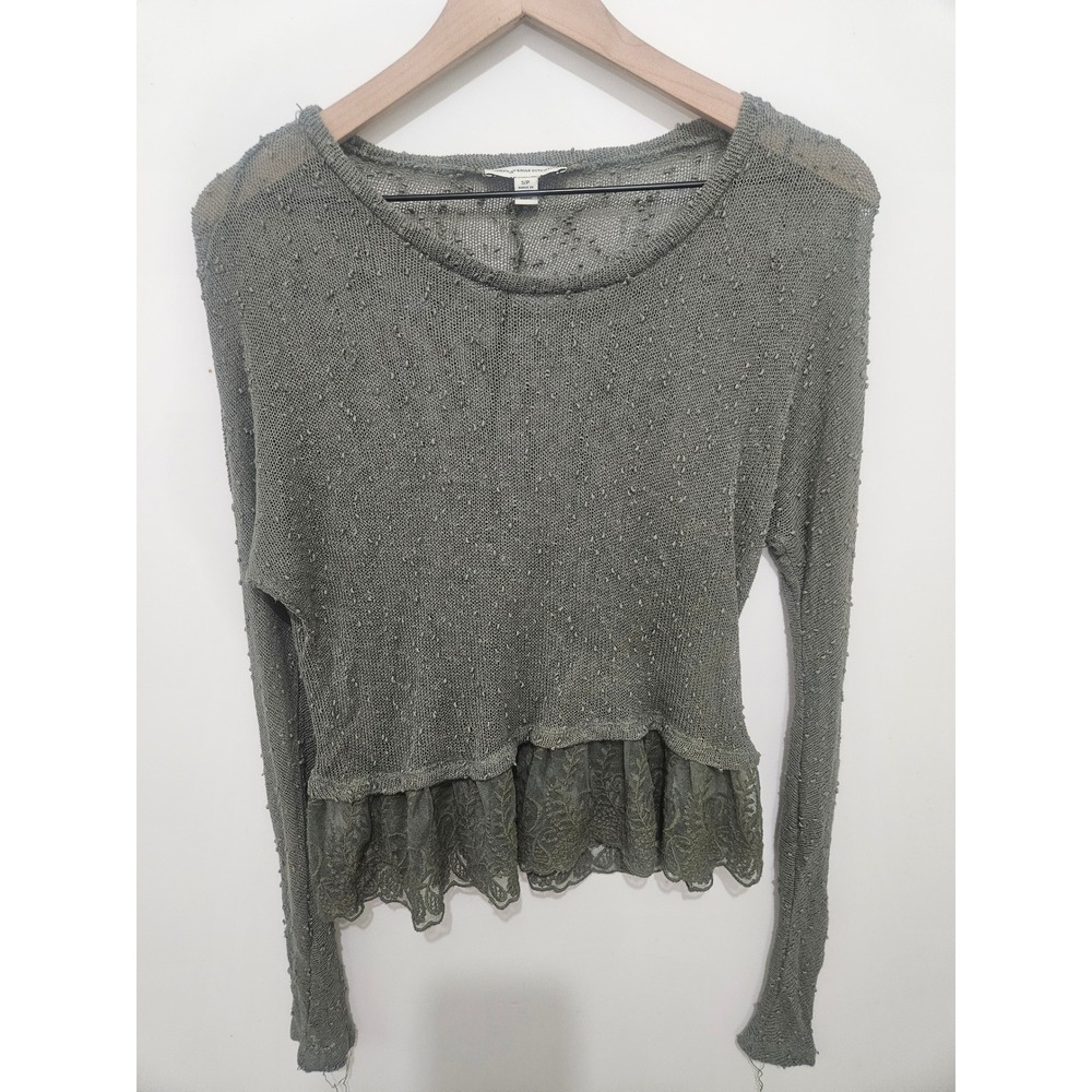 American Eagle Olive Green Lace Hem Knit Top Long Sleeve Boho Sweater Small